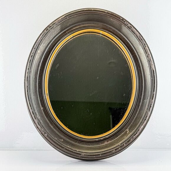 Antique Round Beveled Wall Mirror with Wooden Frame & Gilt Detail – 12” - Picture 1 of 8